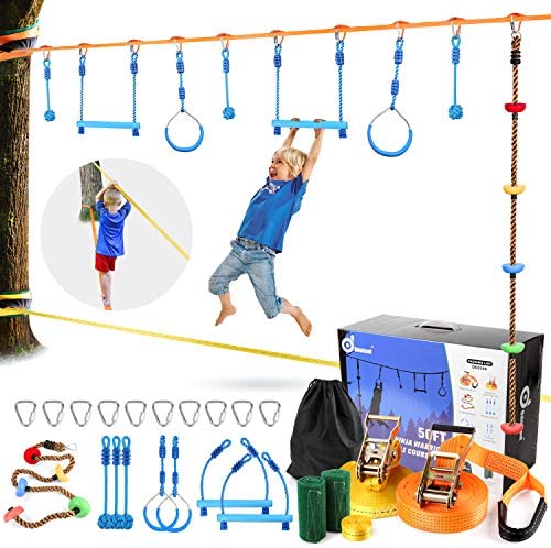 Odoland 50ft Ninja Slackline line with 8 Obstacle Course Setting, Outdoor Ninja Warrior Kit Training Equipment for Kids with Swing Rings Monkey Bars Ninja Knot and Climb Rope for Tree and Backyard