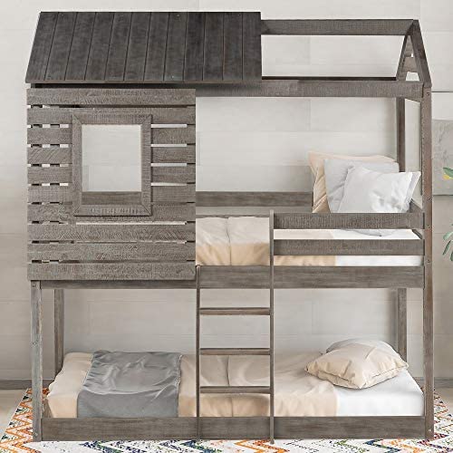 Low Bunk Beds Twin Over Twin Size, Wood Bunk Beds with Roof and Guard Rail for Kids, No Box Spring Needed (Rustic Grey Bunk Beds)