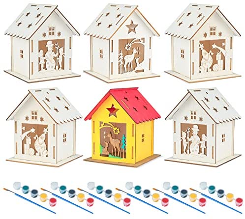 6 Wooden Christmas Houses - Christmas Crafts for Girls and Boys - Kids Bulk Arts & Crafts Set - 6 DIY Wood Kids Christmas Tree House Kit, 6 Paint Strips, 6 Paintbrushes for Children to Build & Paint