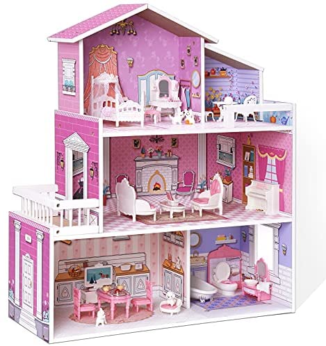 ROBUD Wooden Dollhouse for Kids with 24pcs Furniture Preschool Dollhouse House Toy Dollhouse for Toddlers Girls Dollhouse