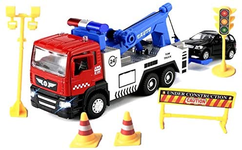 JOYINUS Toy Tow Truck Metal Diecast Truck with Car Pull Back Toy Trucks with Sound and Light for Boys(with 5 Pcs Traffic Signs)