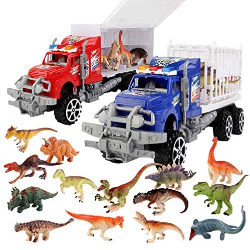 SmartYeen 2-Pack Dinosaur Truck Carriers with 14pcs Dinosaur Toys and Play Mat,Dinosaurs car playset Toys for 3-12 Years Old Boys Girls Kids