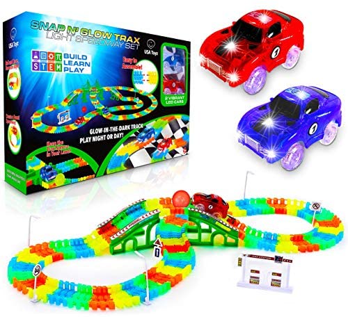 USA Toyz Glow Race Tracks and LED Toy Cars - 360pk Glow in The Dark Bendable Rainbow Race Track Set STEM Building Toys for Boys and Girls with 2 Light Up Toy Cars