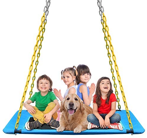 KKTour Platform Tree Swing 60inch Kids Adults Outdoor Large Flying Swings Seat, Textliene Waterproof Fabric with 4pcs Heavy Duty Chains & 1000 lb Adjustable Tree Hanging Straps (Blue)