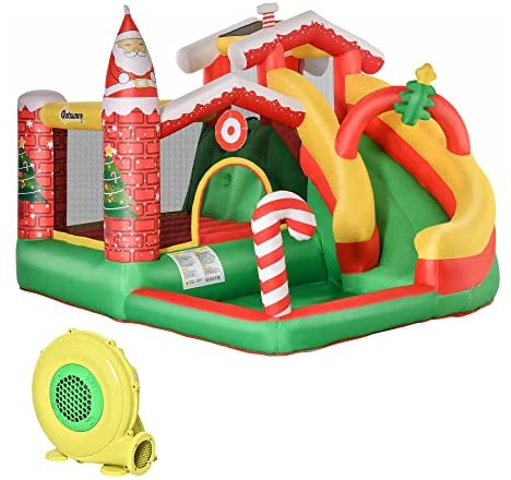 Outsunny Christmas 4-in-1 Kids Inflatable Bounce House Jumping Castle Trampoline, Pool, Slide, Climbing Wall with Christmas Tree Pattern Storage Bag & Air Blower
