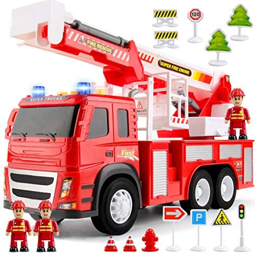 Fire Truck Playset – 1:12 Scale Large Size Toys - Realistic Fire Engine, Extending Rotating Ladder, 3 Firemen, Road Signs, Lights, Sounds - Friction-Powered Truck for Toddlers, Boys, Girls Age 3 4 5
