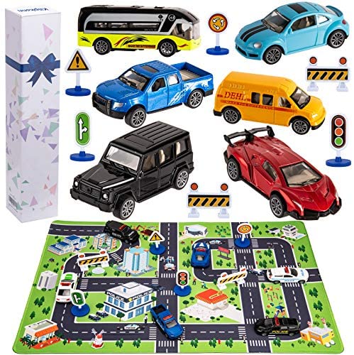 Toy Cars for 2 3 4 5 6 Year Old Boys, 6 City Diecast Car Toys, 6 Road Signs and 15.5