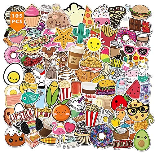 Food Stickers 105PCS Kawaii Ice Cream Donuts Pizza Bread Coffee Art Prints Decals of Cute Snacks for Kids Vinyl Decors for Backpack Laptop Water Bottle Skateboard Luggage Guitar