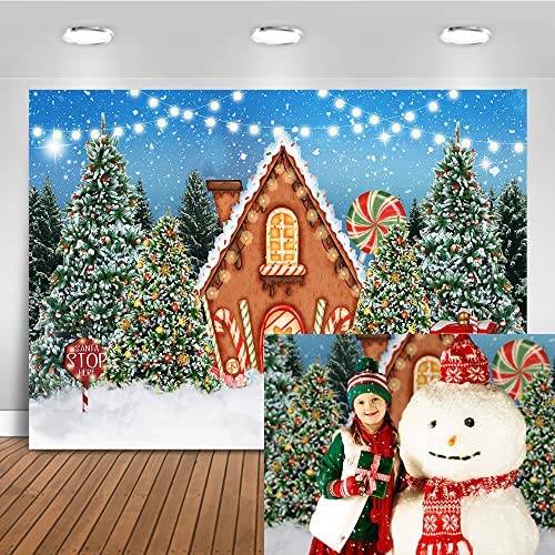 Mocsicka Christmas Candy House Photography Backdrop Christmas Tree Winter Candyland Photo Background Cookies Exchange Holiday Children Kids Portrait Background Photo Booth Props (7x5ft)
