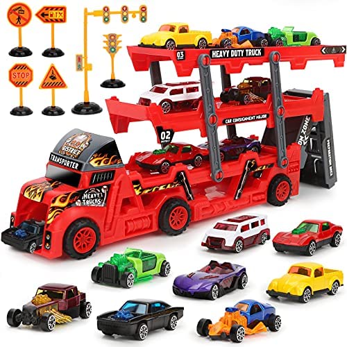 Dreamon Transport Car Carrier Truck Toy for Boys and Girls,15 Pcs Hauler Truck with Car Toys and Road Sings,Car Launcher Birthday Gift for Kids Ages 3 4 5 Years Old