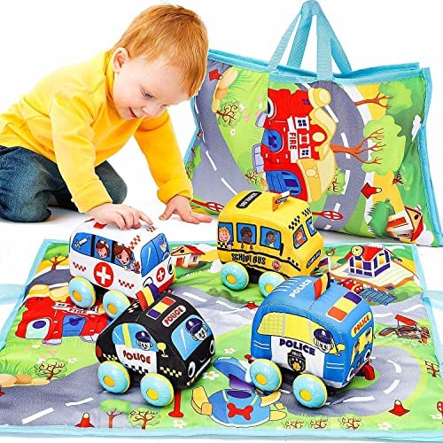 TOY Life Pull Back Cars for Toddlers 1-3 - Toy Cars for 1 Year Old Boy - Soft Toy Cars for Baby with Map - Toddler Car Toys Soft Plush Toys for Toddler Pull Back Vehicles