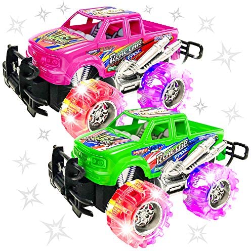 ArtCreativity Pink and Green Light Up Monster Truck Set for Boys and Girls, Set Includes 2, 6 Inch Monster Trucks with Beautiful Flashing LED Tires, Push n Go Toy Cars, Best Gift for Kids, for Ages 3+