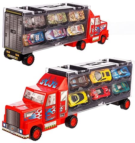 Tuko Car Toys Die Cast Carrier Truck Vehicles Toy for 3-12 Years Old Boy Girl Toy Gift(Includes 6 Alloy Cars,3 Animal Cars,3 Number Cars and Traffic Accessories)(Red)