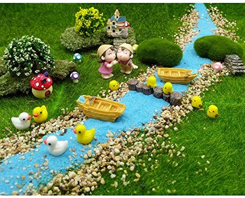 EMiEN 28 Pieces Village Vacation Style Miniature Ornament Kits Set for DIY Fairy Garden Dollhouse Decoration,Blue Sand,Scree,Cute Kids,Boats,Chicks,Ducks,Trees,Stairs,Mushrooms,Stump Pier