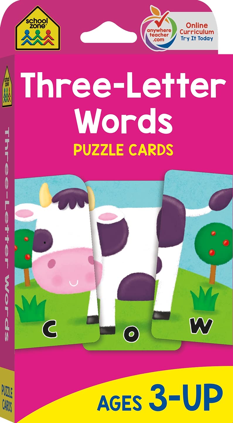 School Zone - Three-Letter Words Puzzle Flash Cards - Ages 3+, Preschool to Kindergarten, Letters, Letter Recognition, Word-Picture Recognition, Spelling, and More