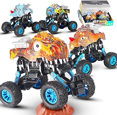 AISFA Monster Trucks for Boys Pull Back Dinosaur Car Toys 4 Pack Dino Toys for 3 4 5 6 Year Old Boys Girls Toddlers T-Rex Dinosaur Games Monster Trucks for 3-5 Year Old Christmas Birthday Gifts