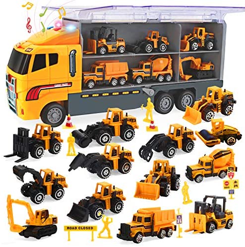 CUTE STONE 25 in 1 Construction Trucks Push and Go Car Carrier Truck Toy, Play Vehicles with Sounds and Lights, 12 Mini Diecast Trucks Included