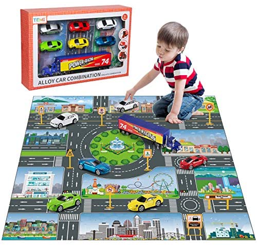TEMI Diecast Racing Cars Toy Set w/ Activity Play Mat, Truck Carrier, Alloy Metal Race Model Car & Assorted Vehicle Play Set for Kids, Boys & Girls