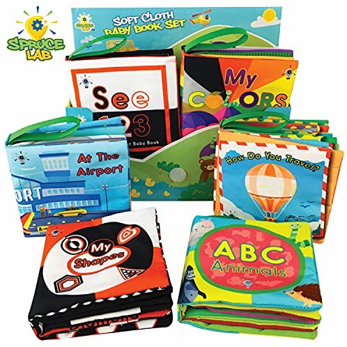 Spruce Lab Educational Soft Baby Books - 6 Cloth Book Set - Early Learning Sensory Development for Babies - Crinkle Touch and Feel Toddler Toy - High Contrast Infant Toys - Boy/Girl Baby Shower 0-2 yr