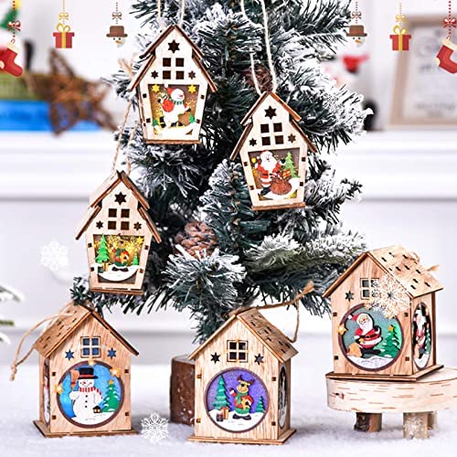 Christmas Luminous Wooden House,Colorful LEDs Light DIY Christmas Ornaments Christmas Tree Hanging Ornaments Xmas Festival Christmas Crafts for Kids (A+B-6pc)