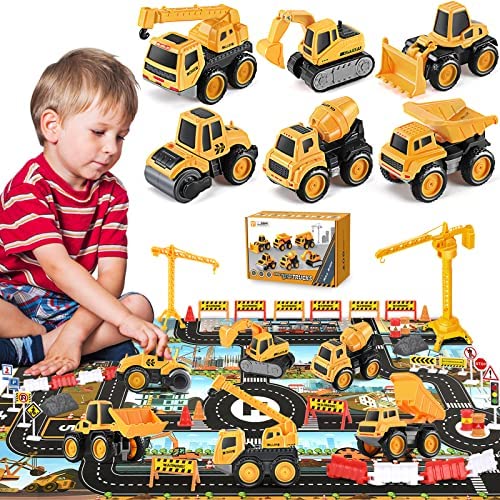 Pull Back Construction Vehicle Toys for Kids, Pull Back Construction Toy Trucks for Boys Age 3 4 5, (45pcs) Small Diecast Construction Site Toys Crane Mat Friction Powered Sandbox Dump Truck Gift