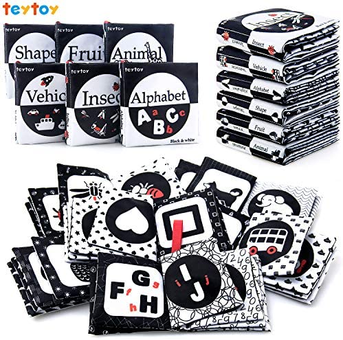 teytoy My First Soft Book, 6 PCS Nontoxic Fabric Baby Cloth Activity Crinkle Soft Black and White Books for Infants Boys and Girls Early Educational Toys Perfect for Baby Shower