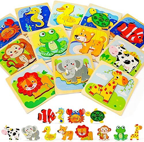 TOY Life 12 Pack Wooden Puzzles for Toddlers 1-3- Animal Shape Puzzles Montessori Toy for Toddler- Baby Puzzles Early Development and Activity Toys Learning Educational Preschool Toy Gifts for Toddler