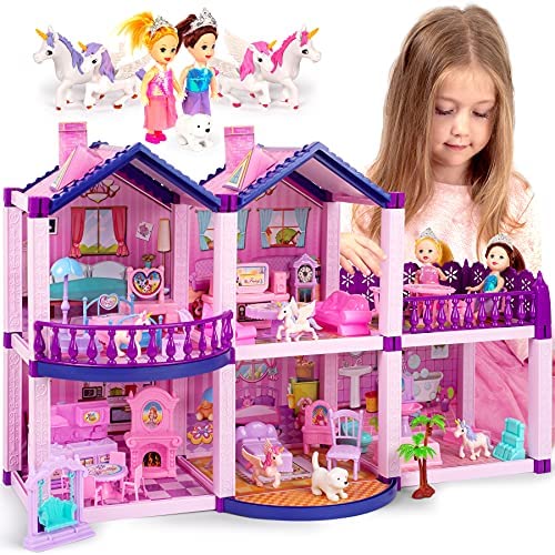Dollhouse w/ 2 Princesses, 4 Unicorns and Dog Dolls - Pink / Purple Dream House Toy for Little Girls - 4 Rooms w/ Garden - Pretend Play for Toddlers w/ Furniture and Accessories - Girls Ages 3 - 6