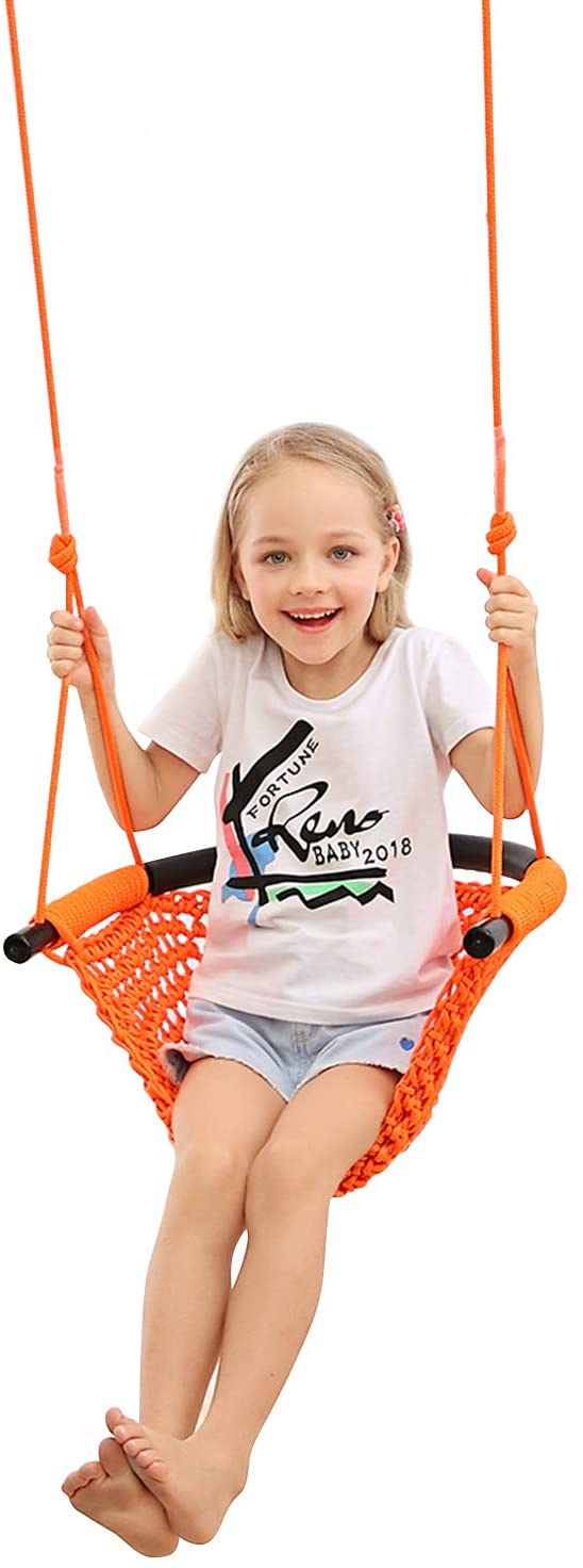 JKsmart Swing Seat for Kids Heavy Duty Rope Play Secure Children Swing Set,Perfect for Indoor,Outdoor,Playground,Home,Tree,with Snap Hooks and Swing Straps,440 lbs Capacity,Orange
