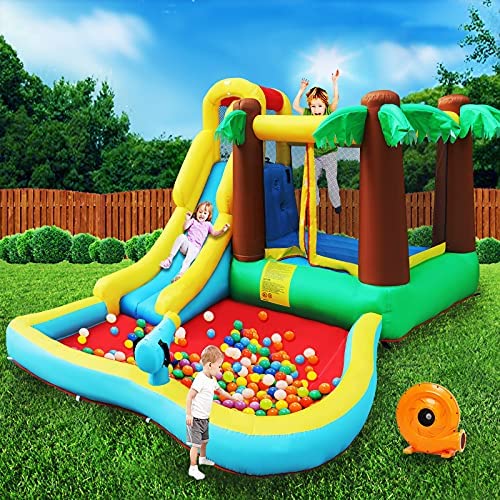 MEIOUKA Inflatable Water Park Bounce Houses with 450W Blower Water Slides Ball Pool Park Bouncy House Hawaiian Coconut Tree Inflatable Water Slide Bounce House for Kids Outdoor Yard Jump Water Bouncer