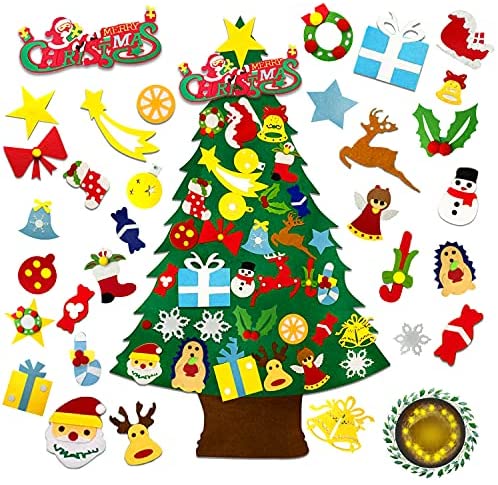 GUJIKE Felt Christmas Tree DIY Set for Toddlers Wall with 36pcs Ornaments, 3.6 Ft Felt Wall Hanging Christmas Trees Kids DIY Felt Wall Xmas Tree Kit with Lights for Toddlers Home Door Decoration