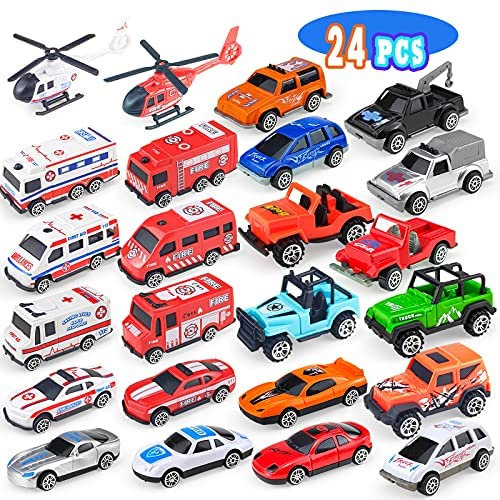 Tcvents 24 Pack Mini Plastic Vehicles & Trucks & Race Car Toys Set for Kids Toddlers Boys Girls, Ambulances/Fire Trucks/Race Cars/ Off-Road Vehicle Cars Toy Play Set for Party Favors Cake Topper