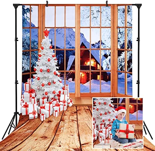 Christmas Backdrop Photo 5x7ft MOHOO Christmas Window Backdrop with Wooden Floor Christmas Tree Snow-Covered House & Mountains Photography Background for Kids, Family Photos