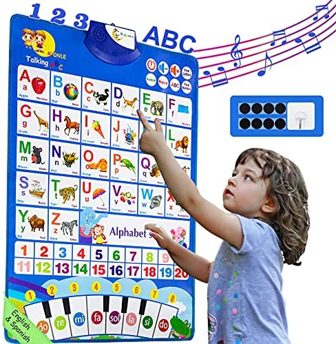 Bilingual Learning Toys for Toddlers Kids: Electronic Interactive Alphabet Wall Chart | Talking ABC, 123, English, Spanish, Piano Poster | Educational Gifts for Age 1 2 3 4 5 Year Old Baby boy Girl