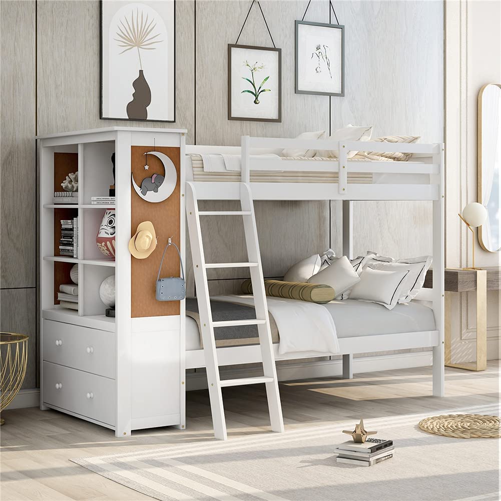 Bunk Bed with Bookcase and Storage Drawers, Twin-Over-Twin Multi-Functional Bed for Kids, Bed Frame with Inclined Ladder and Full-Length Guardrails (White)