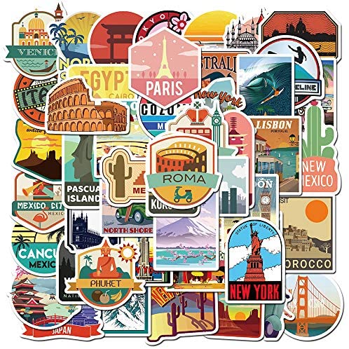 Travel Around The World Stickers 50 Pack Vinyl Laptop Stickers,Waterproof Travel Map Stickers for Water Bottles,-Graffiti Stickers Pack for Teens Girls Kids Adults(Country & Regions Logo Stickers)