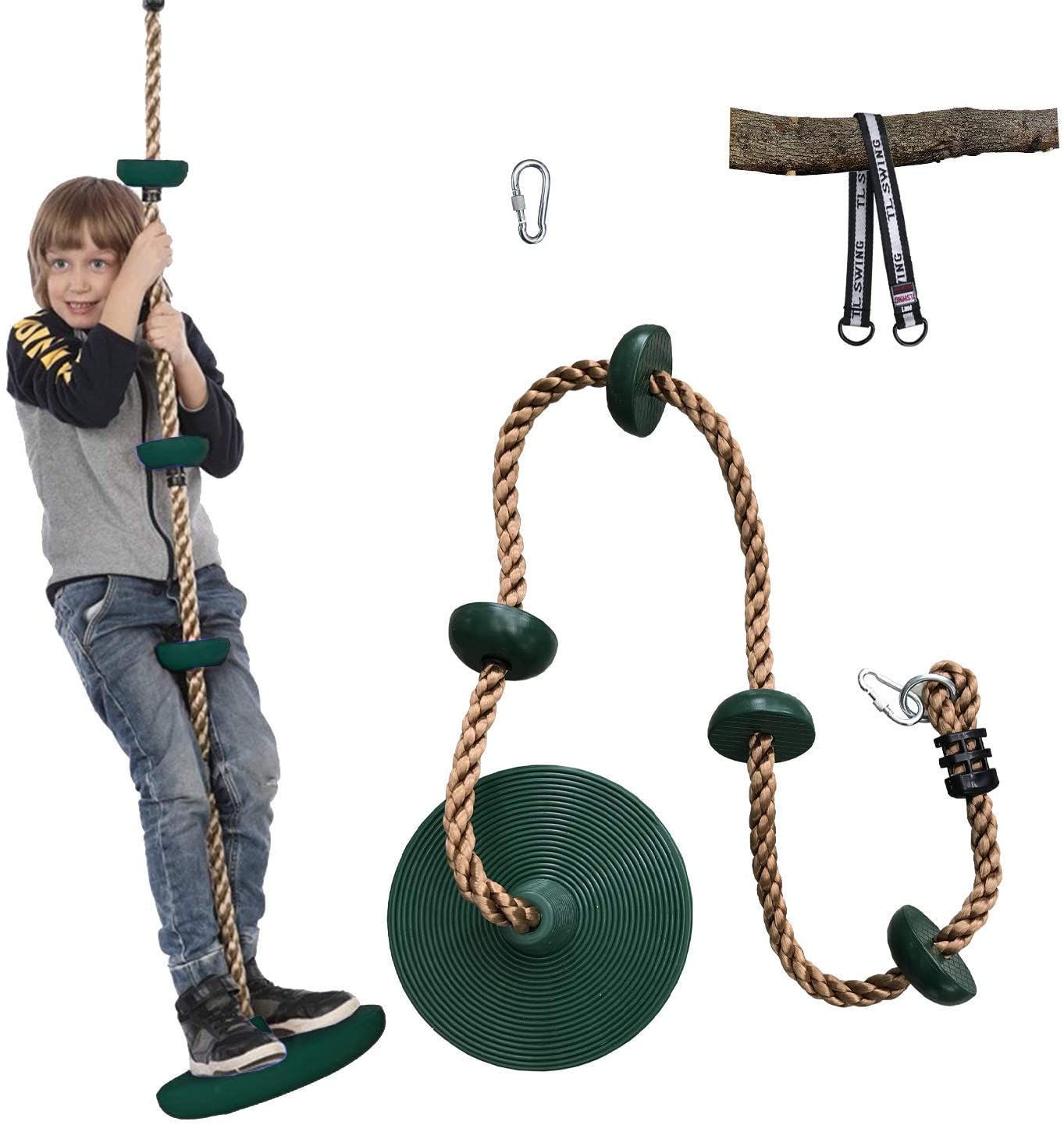 XTSKLY Tree Climbing Rope with Platform and Disc Swing Seat, Children Tree Disc Swing Safety for Outside Inside, Bonus Hanging Strap & Carabiner, Green