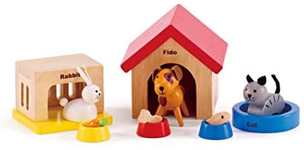 Family Pets Wooden Dollhouse Animal Set by Hape | Complete Your Wooden Dolls House with Happy Dog, Cat, Bunny Pet Set with Complimentary Houses and Food Bowls