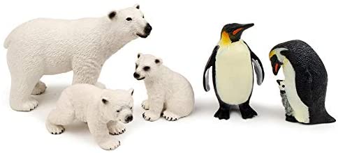 Polar Animal Toy Figurines Set, Includes Polar Bear Family & Emperor Penguin Family Figures