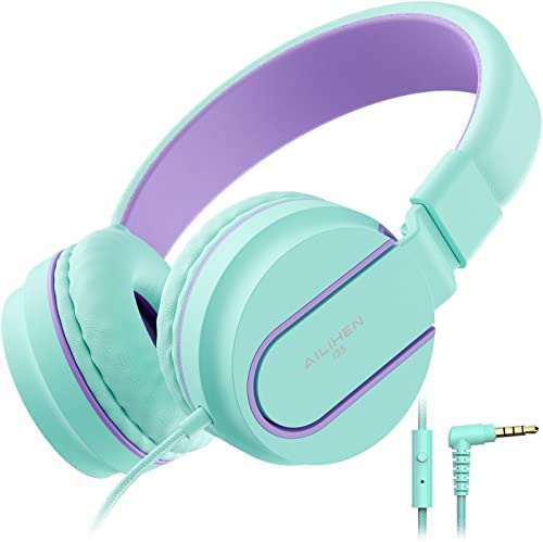 AILIHEN I35 Kid Headphones with Microphone Volume Limited 85dB Children Girls Boys Teen Lightweight Foldable Wired Headset for School Online Course Chromebook Cellphones Tablets (Green Purple)