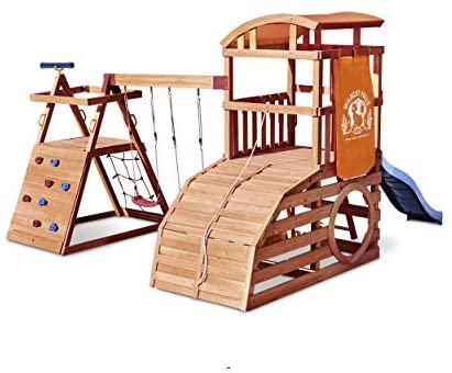 Little Tikes Real Wood Adventures Wildcat Falls Exclusive Wooden Outdoor Playset Playground with Slide, Swing Set and Climbing Wall for Kids Backyard Kids Activity
