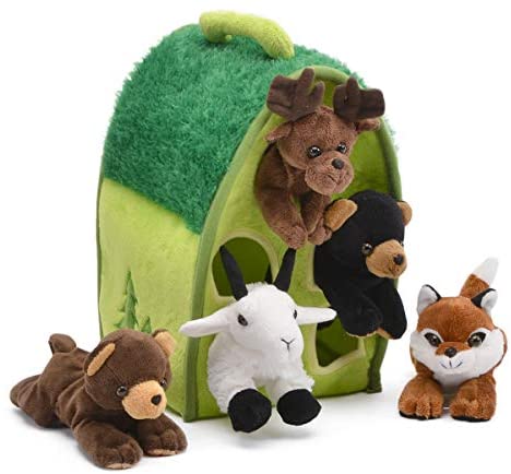 Plush Forest Animal House with Animals - Five (5) Stuffed Forest Animals ( Brown Bear, Black Bear, Moose, Frog, Fox) in Play Forest Carrying House
