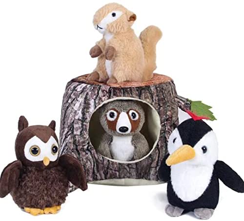 Jungle Safari Stuffed Animals Set, 5 Pcs Baby Stuffed Animals Includes Plush Woodpecker/Squirrel/Raccoon/Owl Stuffed Animal & A Plush Treehouse, Soft Plush Toys Ideal Gift for Kids Babies Toddlers