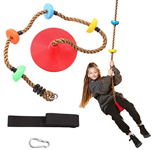 TURFEE Tree Swing with Climbing Rope and Platforms Disc Swing Seat with Hanging Strap and Snap Hook for Kids Outdoor Playground Set Accessories Tree House