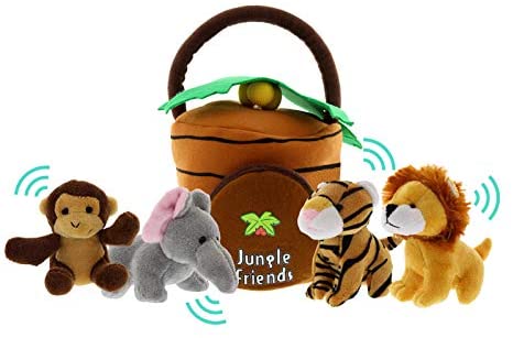 Jungle Animals Talking Plush Baby Toy – 5 Piece Small Stuffed Animals Set Including Jungle House Carrier and Stuffed Monkey, Lion, Tiger & Elephant – These Mini Toys are Ideal for Boys and Girls