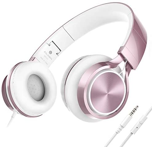 AILIHEN MS300 Wired Headphones with Microphone Folding Lightweight Headset for Cellphones Tablets Smartphones Chromebook Laptop Computer Zoom Skype Mp3/4(Rose Gold)