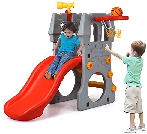Costzon 4 in 1 Slide for Kids, Toddler Climber Slide Set with Basketball Hoop, Telescope, Crawl Through Space, Easy Climb Stairs, Kids Slide for Both Indoors Outdoor Use