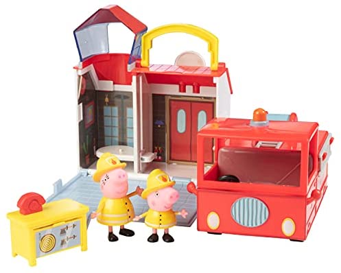 Peppa Pig Fire Station Playet, 5 Pieces - Includes Foldable Firehouse Case, Peppa Figure, Mommy Pig, Fire Engine Vehicle & Desk - Toy Gift for Kids - Ages 3+