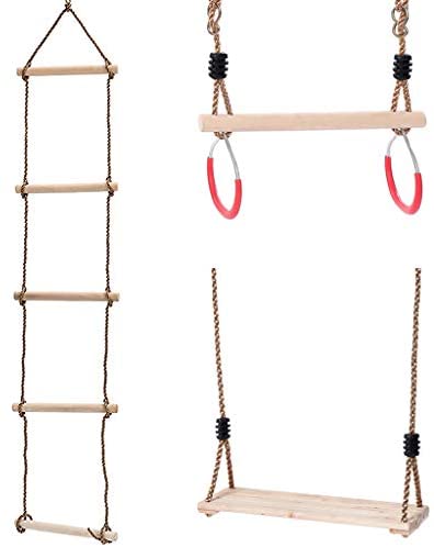 vocheer Climbing Rope Ladder, Kids Tree Swing Seat Swing Rope Ladder for Toddler Wooden Trapeze Bar with Rings for Climbing Frame, Tree House, Dens & Play House（5.9ft）