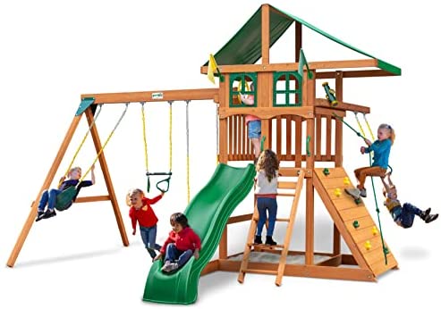 Gorilla Playsets 01-1080 Avalon Treehouse Wooden Swing Set with Oversized Green Vinyl Canopy Roof, Trapeze Arm, Climbing Wall, Ladder, Swings and Slide
